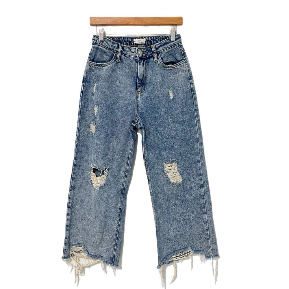 Avec Les Filles Women Light Wash Distressed Jeans Blue Size 27 Wide Leg Raw Hem